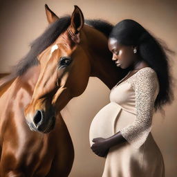 The image depicts a pregnant African woman looking at her profile while a horse observes her belly closely