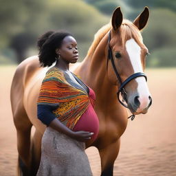 La imagen muestra a una mujer africana embarazada que mira su perfil mientras un caballo observa su vientre de cerca