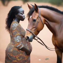 La imagen muestra a una mujer africana embarazada que mira su perfil mientras un caballo observa su vientre de cerca