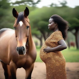 La imagen muestra a una mujer africana embarazada que mira su perfil mientras un caballo observa su vientre de cerca