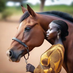 La imagen muestra a una mujer africana embarazada que mira su perfil mientras un caballo observa su vientre de cerca