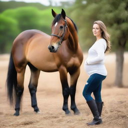 La imagen muestra a una mujer embarazada que mira su perfil mientras un caballo observa su vientre de cerca