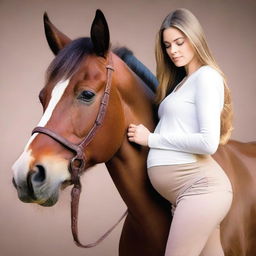 La imagen muestra a una mujer embarazada que mira su perfil mientras un caballo observa su vientre de cerca