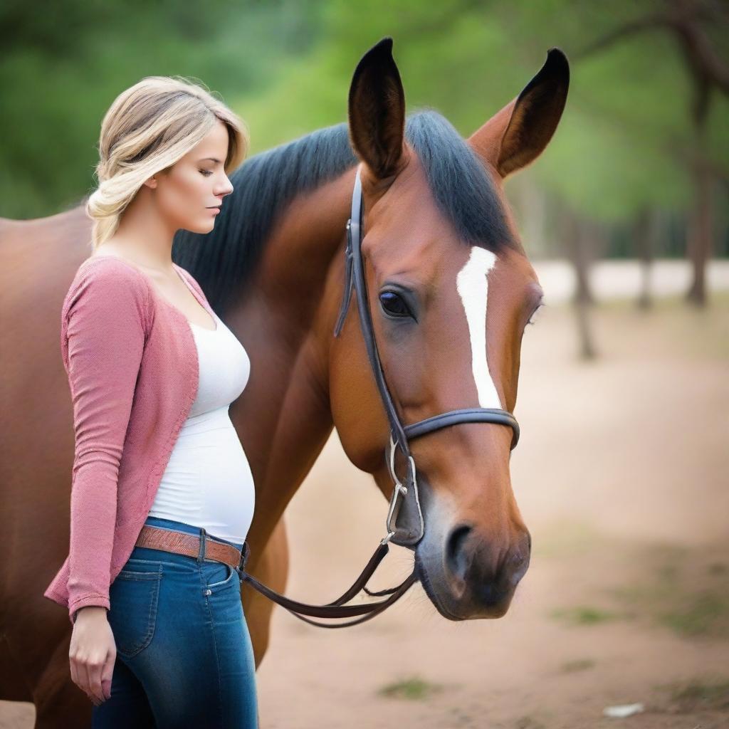 La imagen muestra a una mujer embarazada que mira su perfil mientras un caballo observa su vientre de cerca