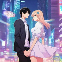 A sci-fi manhwa romance scene featuring a dark-haired man and a light-haired woman floating in the air