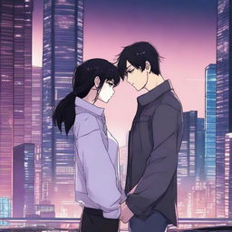 A dark sci-fi manhwa romance scene featuring a couple in a dystopian futuristic city