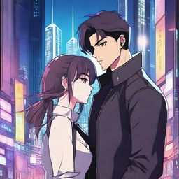 A dark sci-fi manhwa romance scene featuring a couple in a dystopian futuristic city