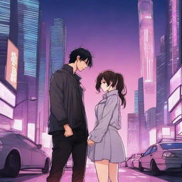 A dark sci-fi manhwa romance scene featuring a couple in a dystopian futuristic city