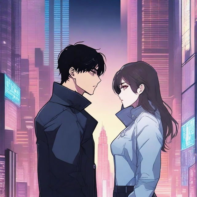 A dark sci-fi manhwa romance scene featuring a couple in a dystopian futuristic city