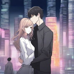 A dark sci-fi manhwa romance scene featuring a couple in a dystopian futuristic city