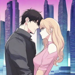 A dark sci-fi manhwa romance scene featuring a couple in a dystopian futuristic city