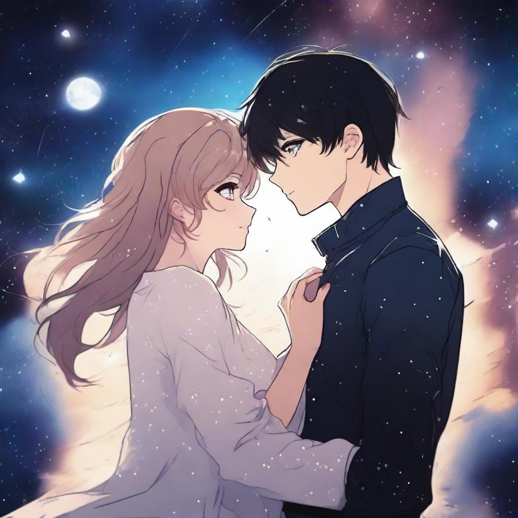 A dark space manhwa romance scene featuring a couple floating in the vastness of space