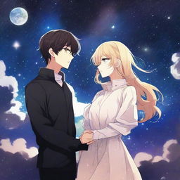 A dark space manhwa romance scene featuring a couple floating in the vastness of space