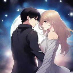 A dark space manhwa romance scene featuring a couple floating in the vastness of space