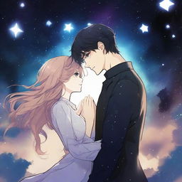 A dark space manhwa romance scene featuring a couple floating in the vastness of space