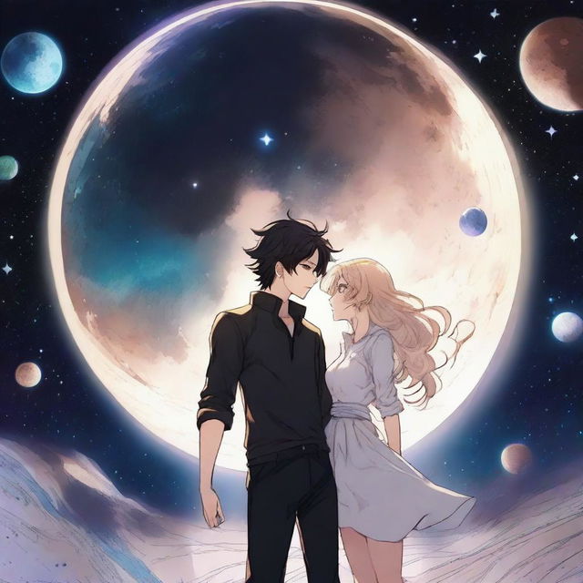 A dark space manhwa romance scene featuring a couple floating in the vastness of space