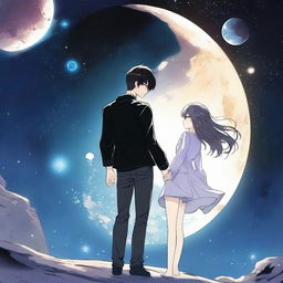 A dark space manhwa romance scene featuring a couple floating in the vastness of space