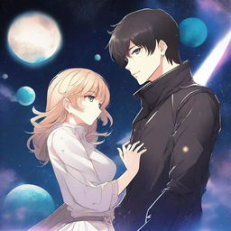 A dark space manhwa romance scene featuring a couple floating in the vastness of space