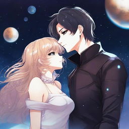 A dark space manhwa romance scene featuring a couple floating in the vastness of space