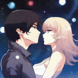 A dark space alien manhwa romance scene featuring a couple, one human and one alien, floating in the vastness of space