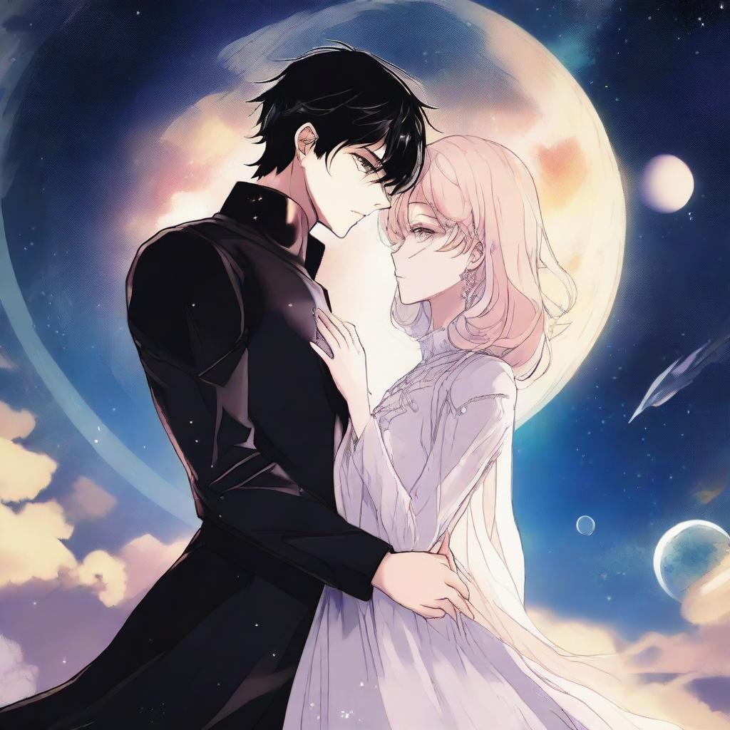 A dark space alien manhwa romance scene featuring a couple, one human and one alien, floating in the vastness of space