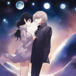 A dark space alien manhwa romance scene featuring a couple, one human and one alien, floating in the vastness of space