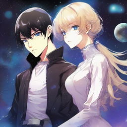 A dark space alien manhwa romance scene featuring a couple, one human and one alien, floating in the vastness of space