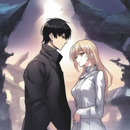 A dark alien manhwa romance scene featuring a couple, one human and one alien, in a mysterious and shadowy environment