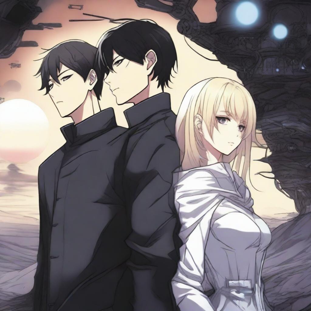 A dark alien manhwa romance scene featuring a couple, one human and one alien, in a mysterious and shadowy environment