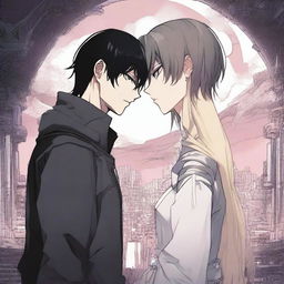 A dark alien manhwa romance scene featuring a couple, one human and one alien, in a mysterious and shadowy environment