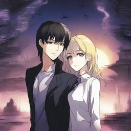 A dark alien manhwa romance scene featuring a couple, one human and one alien, in a mysterious and shadowy environment