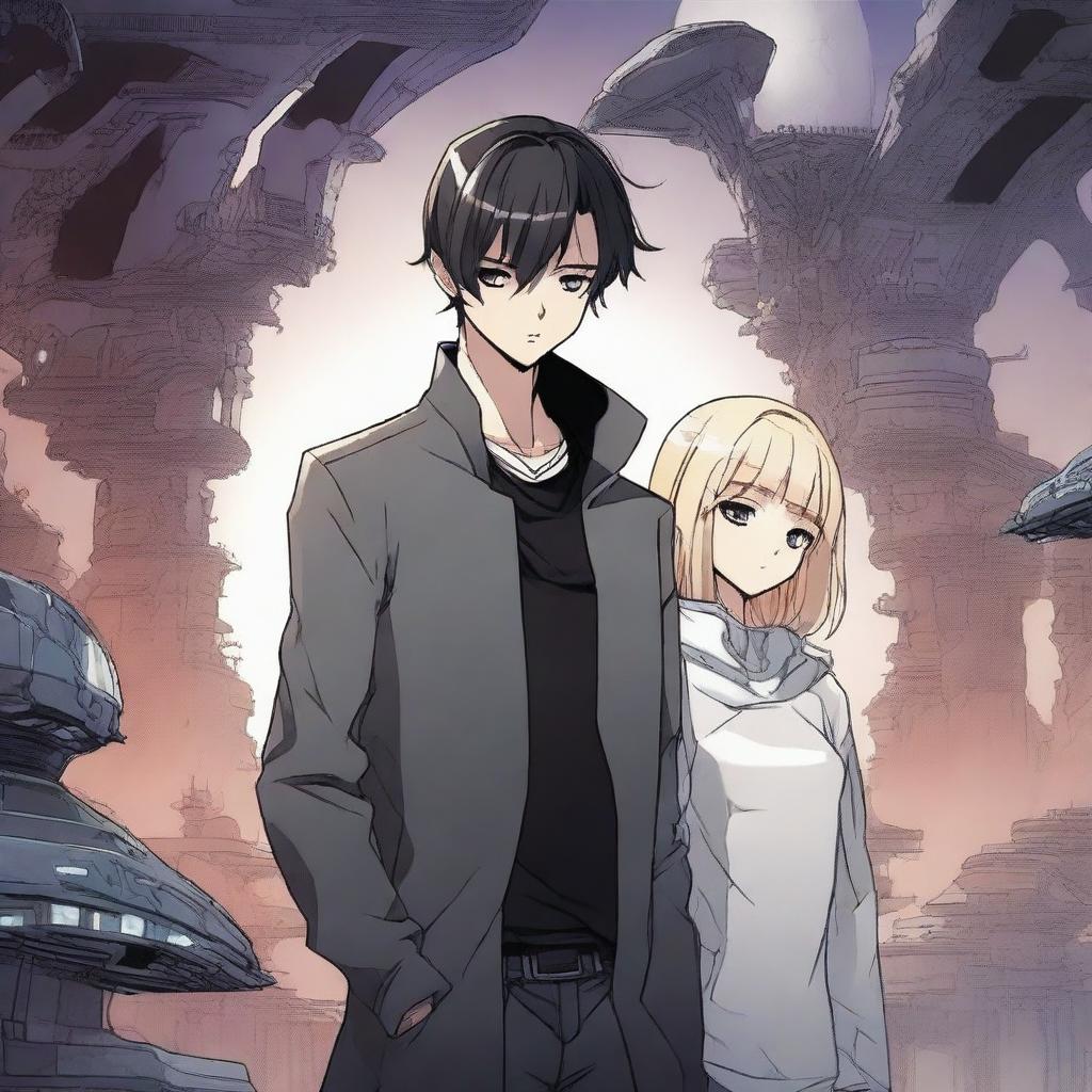 A dark alien manhwa romance scene featuring a couple, one human and one alien, in a mysterious and shadowy environment