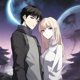 A dark alien manhwa romance scene featuring a couple, one human and one alien, in a mysterious and shadowy environment