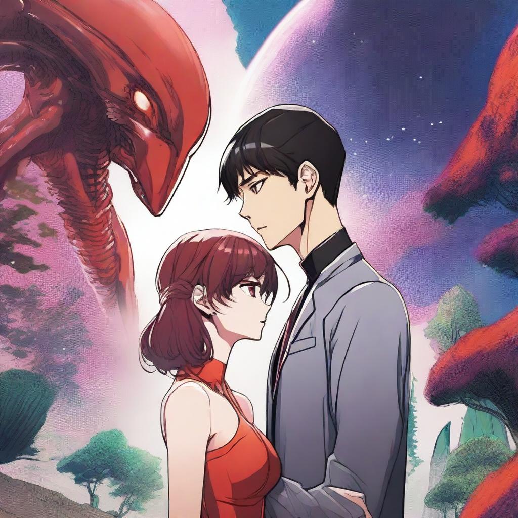 A red alien manhwa romance scene featuring a couple, one human and one red-skinned alien, in a vibrant and otherworldly environment