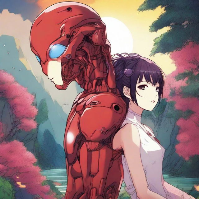 A red alien manhwa romance scene featuring a couple, one human and one red-skinned alien, in a vibrant and otherworldly environment