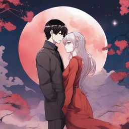 A red moon alien manhwa romance scene featuring a couple, one human and one alien, under a crimson moonlit sky