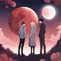 A red moon alien manhwa romance scene featuring a couple, one human and one alien, under a crimson moonlit sky