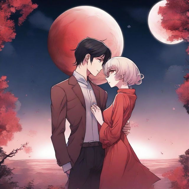 A red moon alien manhwa romance scene featuring a couple, one human and one alien, under a crimson moonlit sky