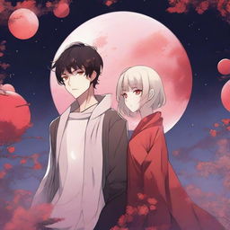 A red moon alien manhwa romance scene featuring a couple, one human and one alien, under a crimson moonlit sky