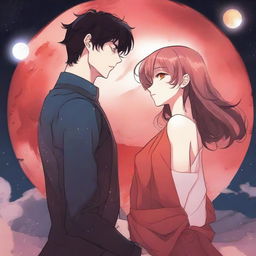 A red moon space manhwa romance scene featuring a couple, one human and one alien, under a large, glowing red moon