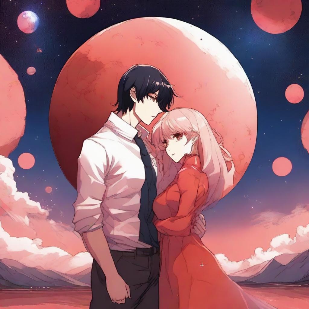 A red moon space manhwa romance scene featuring a couple, one human and one alien, under a large, glowing red moon