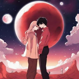 A red moon space manhwa romance scene featuring a couple, one human and one alien, under a large, glowing red moon