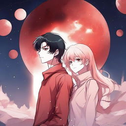 A red moon space manhwa romance scene featuring a couple, one human and one alien, under a large, glowing red moon