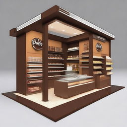 Realiza un plano arquitectónico detallado de una cafetería de merchandising para la bebida chocolatada de leche Choco Rica