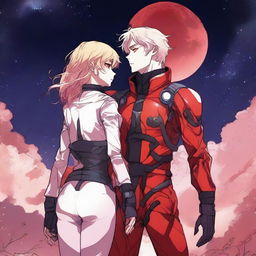 A red moon space sci-fi manhwa romance scene featuring a couple, one human and one alien, under a crimson moonlit sky