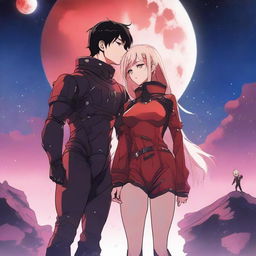 A red moon space sci-fi manhwa romance scene featuring a couple, one human and one alien, under a crimson moonlit sky