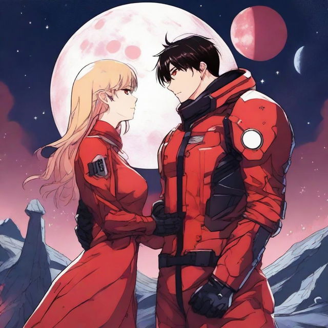 A red moon space sci-fi manhwa romance scene featuring a couple, one human and one alien, under a crimson moonlit sky