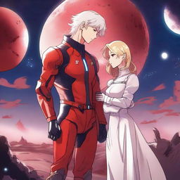 A red moon space sci-fi manhwa romance scene featuring a couple, one human and one alien, under a crimson moonlit sky