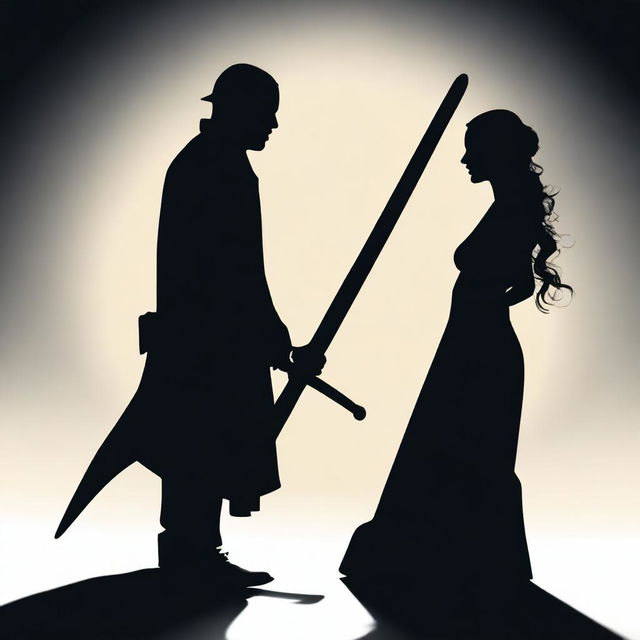 An image showing the shadow of a man holding a sword on the right side and the shadow of a woman with a snake on the left side