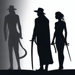 An image showing the shadow of a man holding a sword on the right side and the shadow of a woman with a snake on the left side